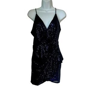 Double Crazy Woman Sequin Navy Blue Mini Gathered at Waist Party Evening Dress M
